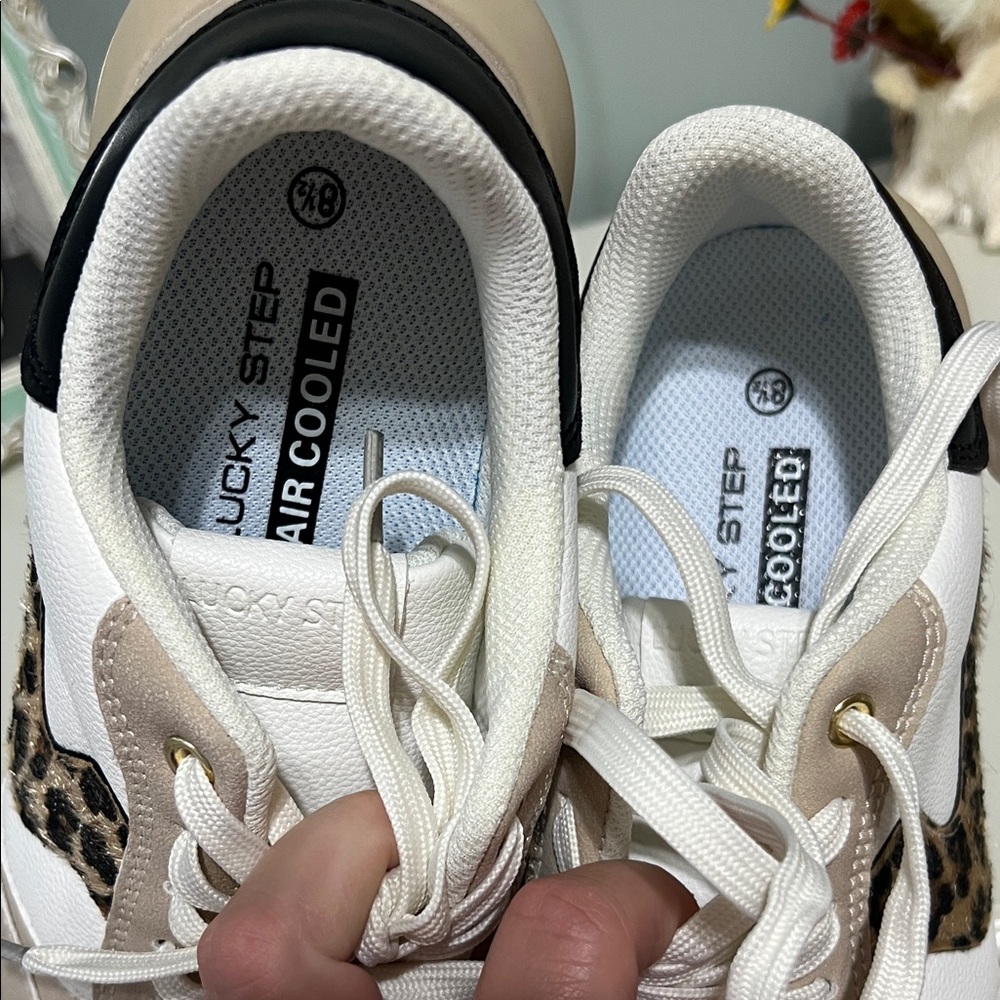 Beige and White Leopard-Accent Women's Sneakers - Picture 5 of 5